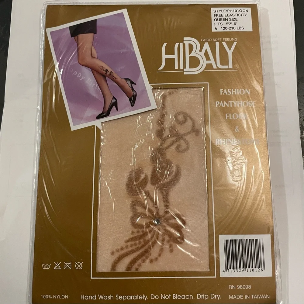 HiBaly Fashion Floral Rhinestone Pantyhose - Nude with Brown Design Vintage